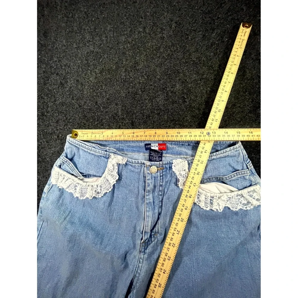 Y2K French Cuff Capri Jeans Women's 12 Blue Denim Embroidered Lace Trim Grunge